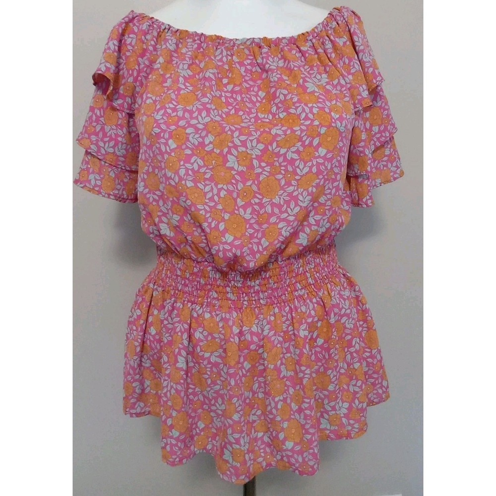 Alice Blue Pink Floral Multicolor Print Elastic Waist Tiered Sleeve Top Size XL